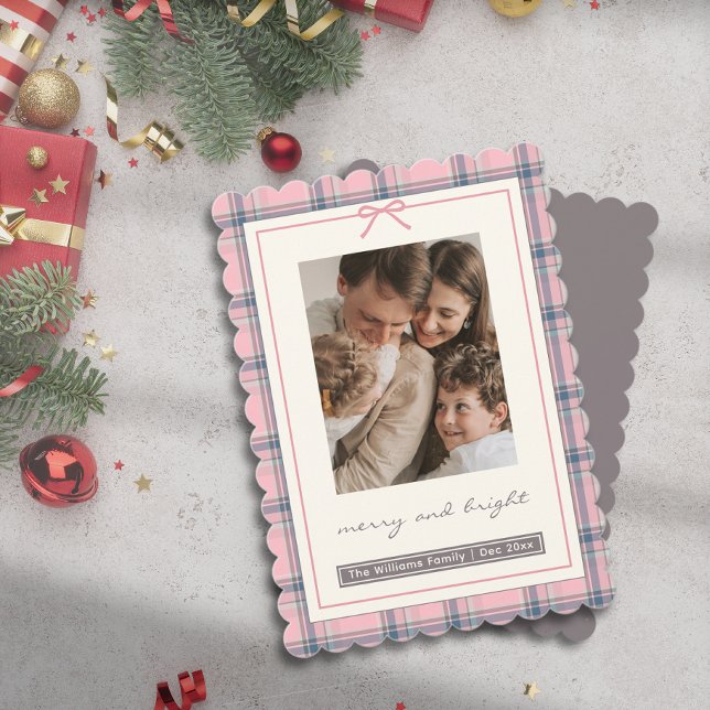 Preppy Pink Plaid Bow Family Photo Holiday Card (Preppy Pink Plaid Bow Family Photo Holiday Card)