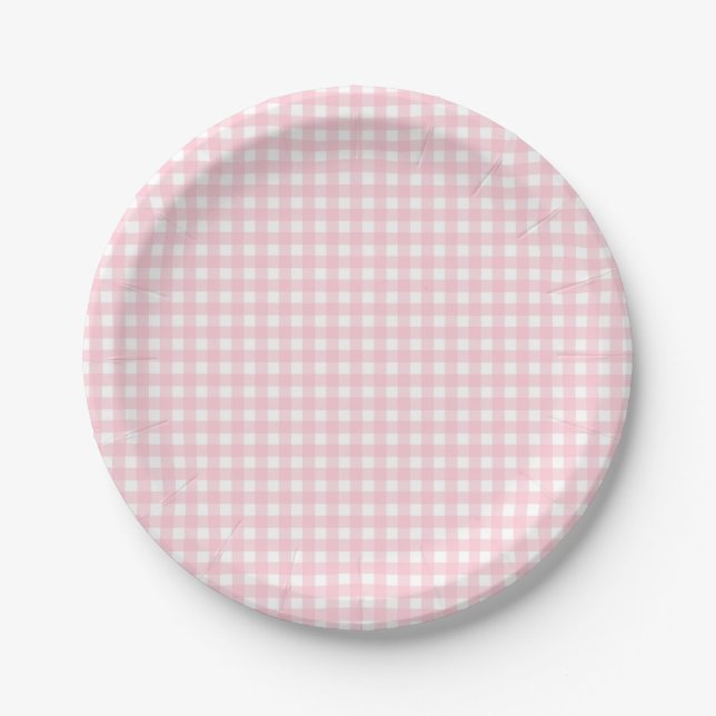 Preppy Pink Plaid Gingham Party Paper Plates (Front)