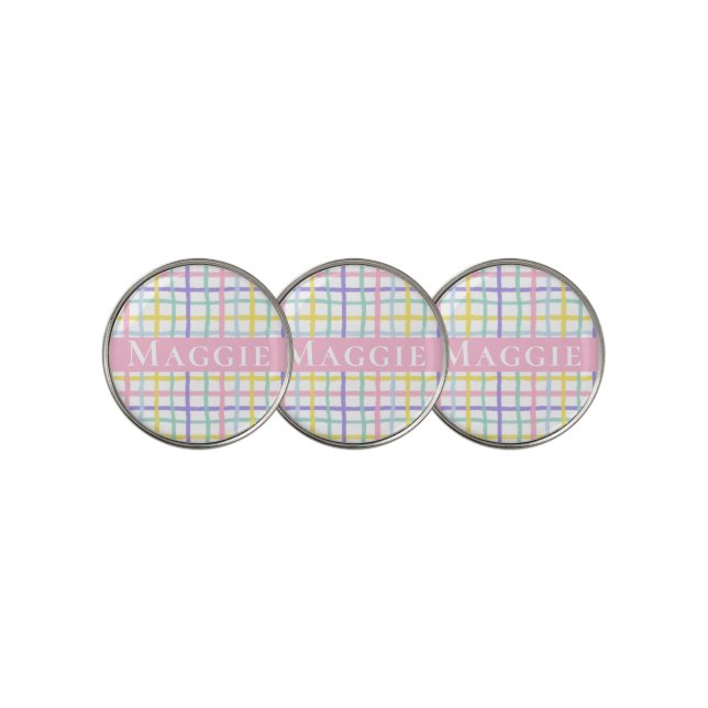 Preppy Pink Plaid Ladies Personalized  Golf Ball Marker (3 Up)