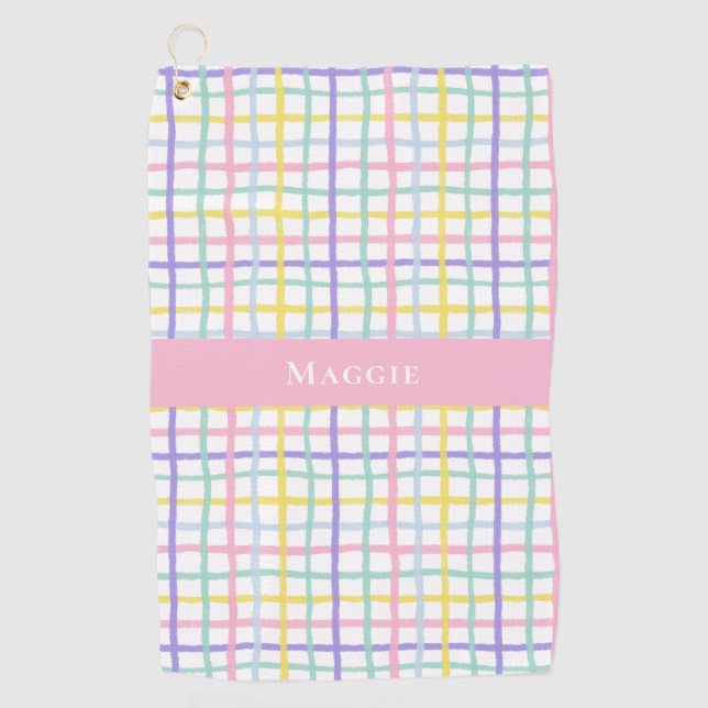 Preppy Pink Plaid Ladies Personalized  Golf Towel (Front)