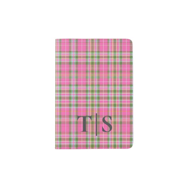 Preppy Pink Plaid Monogram Girly Tartan Passport Holder (Front)