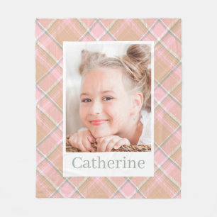 Preppy Pink Plaid Pattern Personalized Girl Photo Fleece Blanket