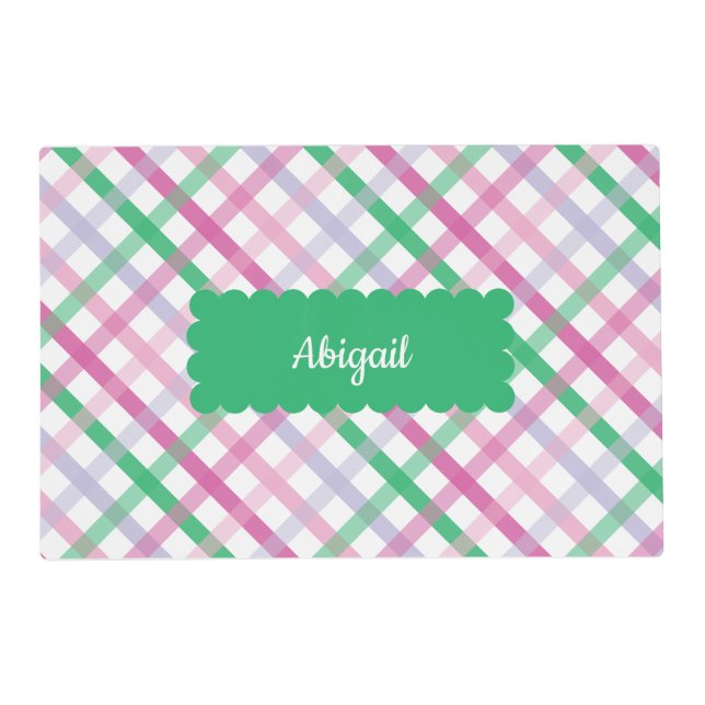 Preppy Pink Plaid Personalized Placemat Green (Front)