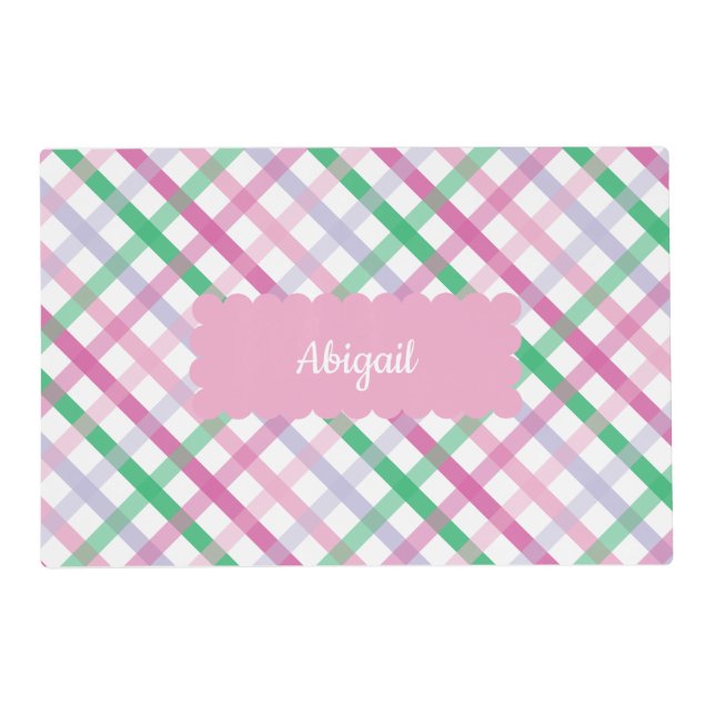 Preppy Pink Plaid Personalized Placemat Light Pink (Front)