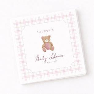 Preppy Pink Plaid Teddy Bear Baby Shower Napkins