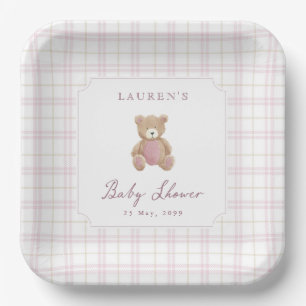 Preppy Pink Plaid Teddy Bear Baby Shower Paper Pla Plates