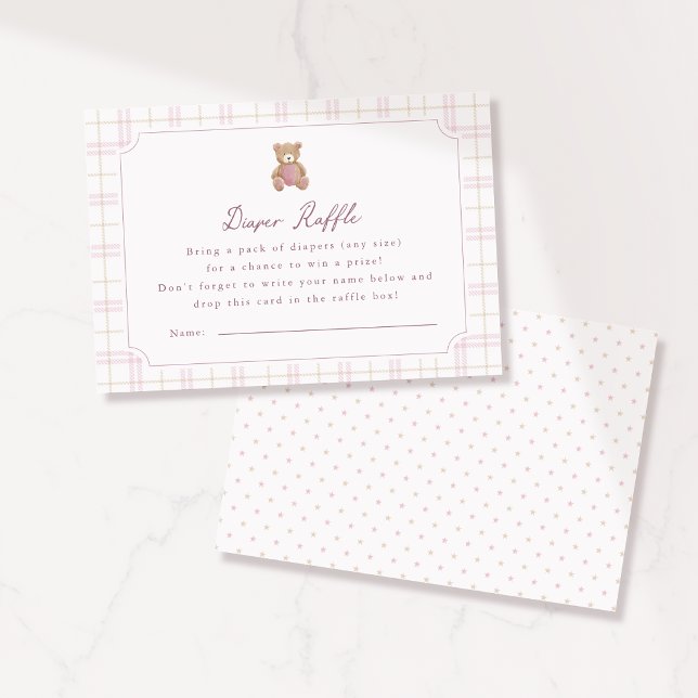 Preppy Pink Plaid Teddy Bear Diaper Raffle Card (Creator Uploaded)