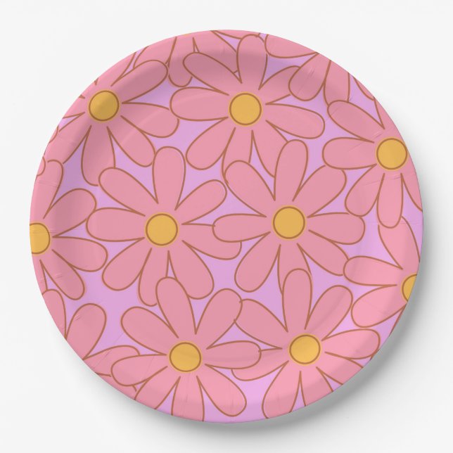 Preppy Pink Purple Floral Simple Flower Pattern Paper Plates (Front)