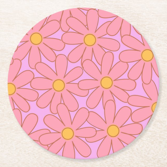 Preppy Pink Purple Floral Simple Flower Pattern Round Paper Coaster (Front)