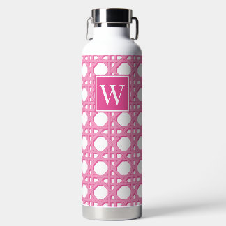 Preppy Pink Rattan Cane Lattice Monogram Water Bottle