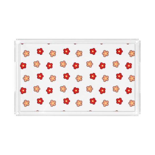 Preppy Pink Red Flower Pattern White Background Acrylic Tray