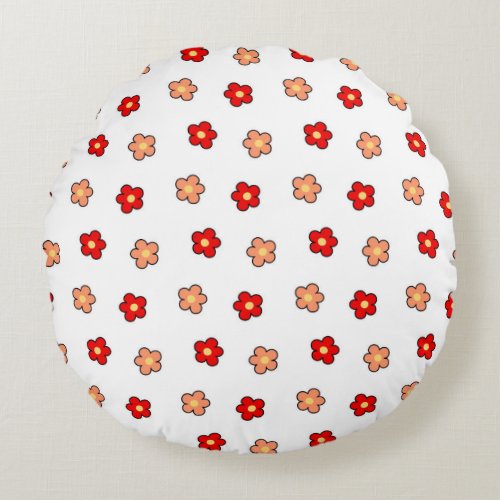 Preppy Pink Red Flower Pattern White Background Round Pillow
