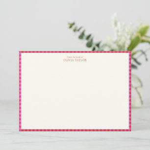 Preppy Pink Red Gingham Plaid Personalized Name Note Card