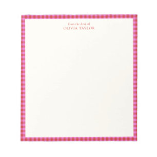 Preppy Pink Red Gingham Plaid Personalized Name Notepad