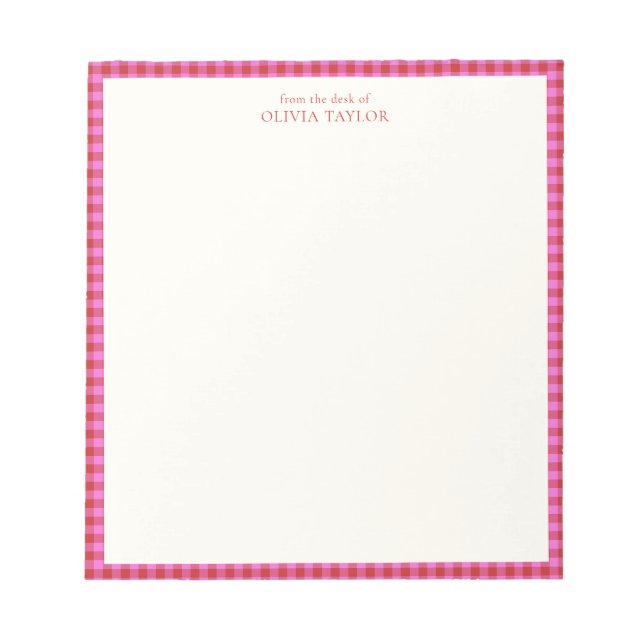 Preppy Pink Red Gingham Plaid Personalized Name Notepad (Front)