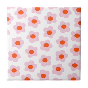 Preppy Pink Red Hippie Flower Pattern Ceramic Tile
