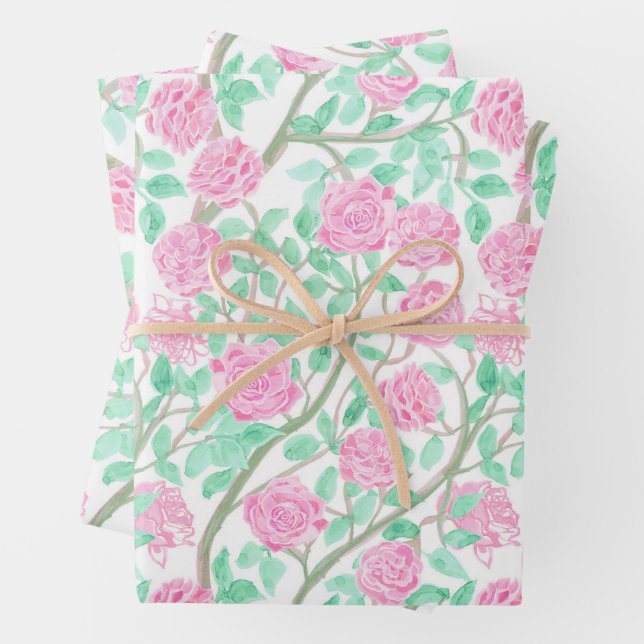 Preppy Pink Rose Garden Wrapping Paper Sheets (In situ)