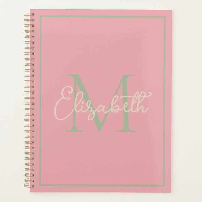 Preppy Pink Sage Green and Cream Monogram Planner (Front)