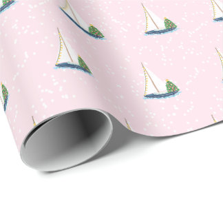 Preppy Pink Sailboat Christmas Tree Wrapping Paper
