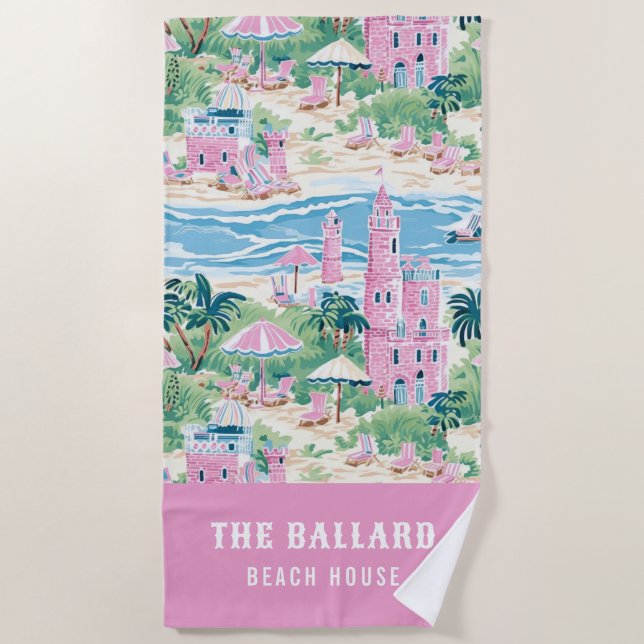 Preppy Pink Sand Castle | Beach House Beach Towel (Front)