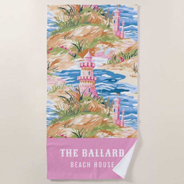 Preppy Pink Sand Castle on a Hill | Beach House Towel (Front)