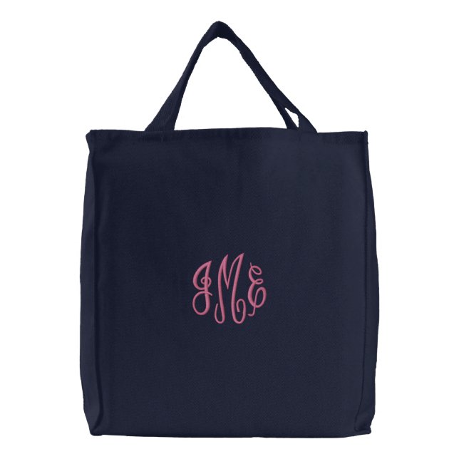 Preppy Pink Script Monogram Embroidered Navy Bag (Front)