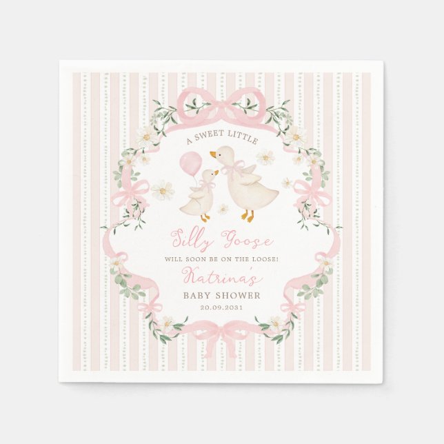 Preppy Pink Silly Goose Bow Floral Baby Shower Napkins (Front)