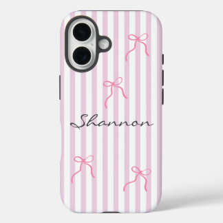 Preppy Pink Stripe and Bow Personalized  iPhone 16 Case