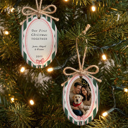 Preppy Pink Stripe First Christmas Together Photo Ceramic Ornament