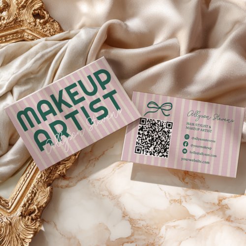 Preppy Pink Stripe Green Makeup Artist QR Code Business Card