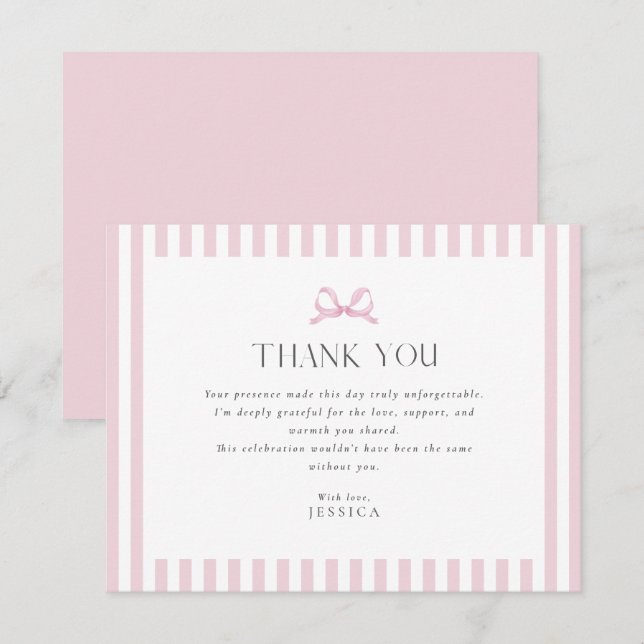 Preppy Pink Striped Bow Baby Shower Thank You Card (Front/Back)