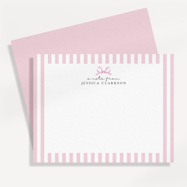 Preppy Pink Striped Bow Personalized Note Cards (Creator Uploaded)
