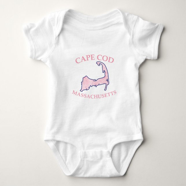 Preppy Pink Striped Cape Cod Silhouette Baby Bodysuit (Front)