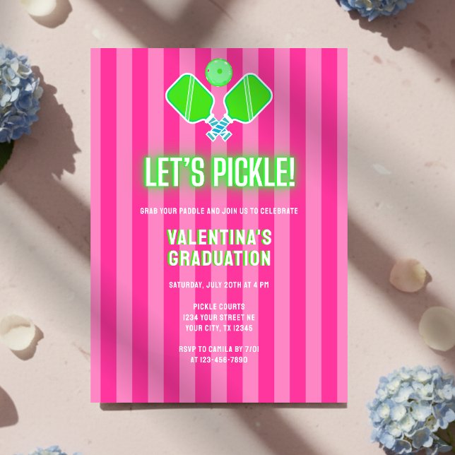 Preppy Pink Striped Green Pickleball Graduation Invitation (Creator Uploaded)