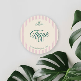 Preppy Pink Striped Retro Business Logo Thank You Classic Round Sticker