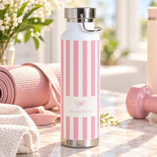Preppy Pink Stripes & Bow Custom Name Water Bottle