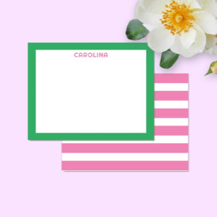 Preppy Pink Stripes & Bright Green Cute Girly Note Card