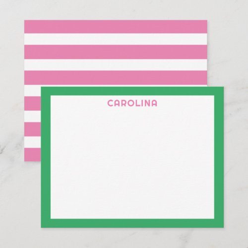 Preppy Pink Stripes & Bright Green Cute Girly Note Card