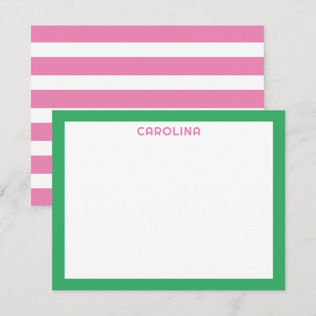 Preppy Pink Stripes & Bright Green Cute Girly Note Card (Front/Back)