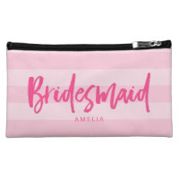 Preppy Pink Stripes Brush Script Bridesmaid Makeup Bag