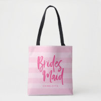 Preppy Pink Stripes Brush Script Bridesmaid Tote Bag