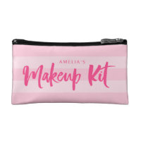 Preppy Pink Stripes Brush Script Makeup Bag