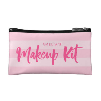 Preppy Pink Stripes Brush Script Makeup Bag