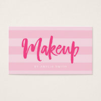 Preppy Pink Stripes Brush Script Makeup Business Card