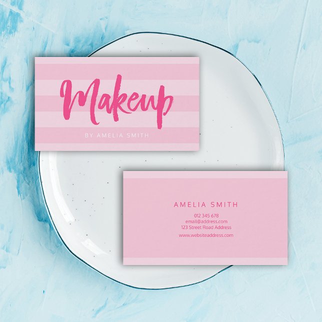 Preppy Pink Stripes Brush Script Makeup Business Card (Creator Uploaded)