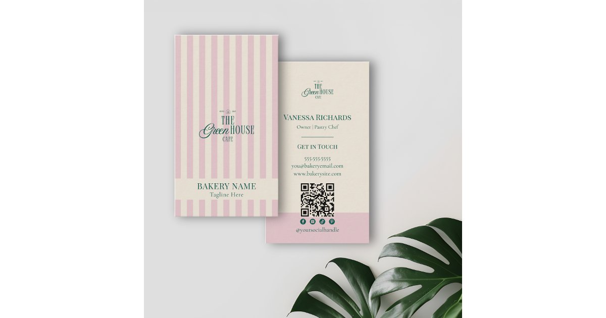 Preppy Key Card Code Preppy Pink Stripes Green Bakery Logo QR Code Business Card | Zazzle