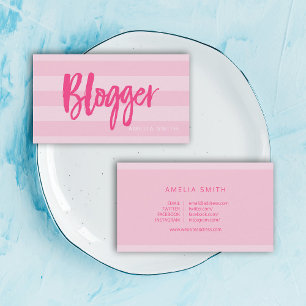 Preppy Pink Stripes Script Blogger Social Media Business Card