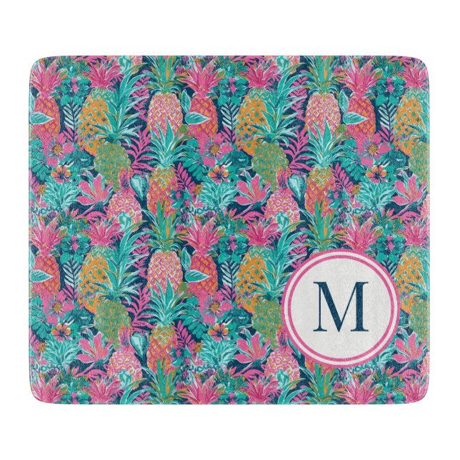Preppy Pink Teal Navy Blue Pineapple Monogram Cutting Board (Front)