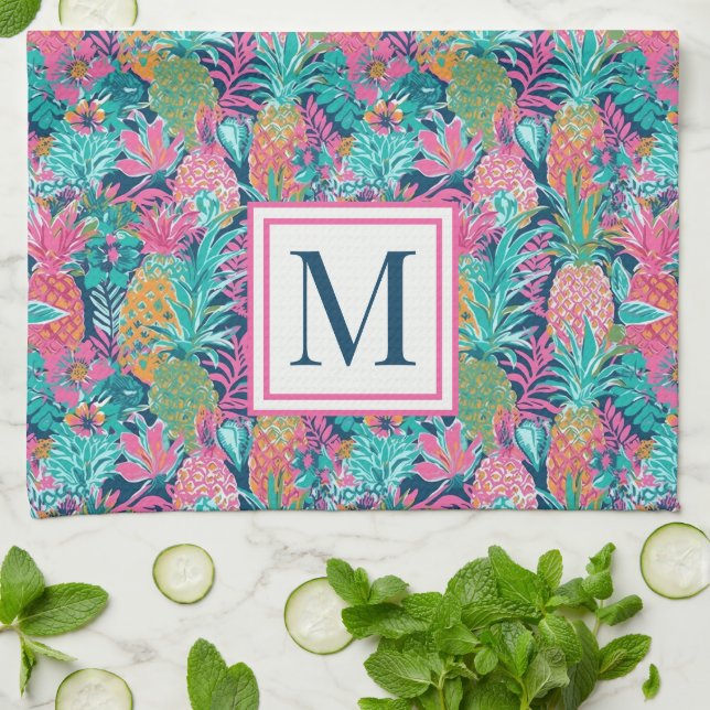 Preppy Pink Teal Navy Blue Pineapple Monogram Kitchen Towel (Folded)