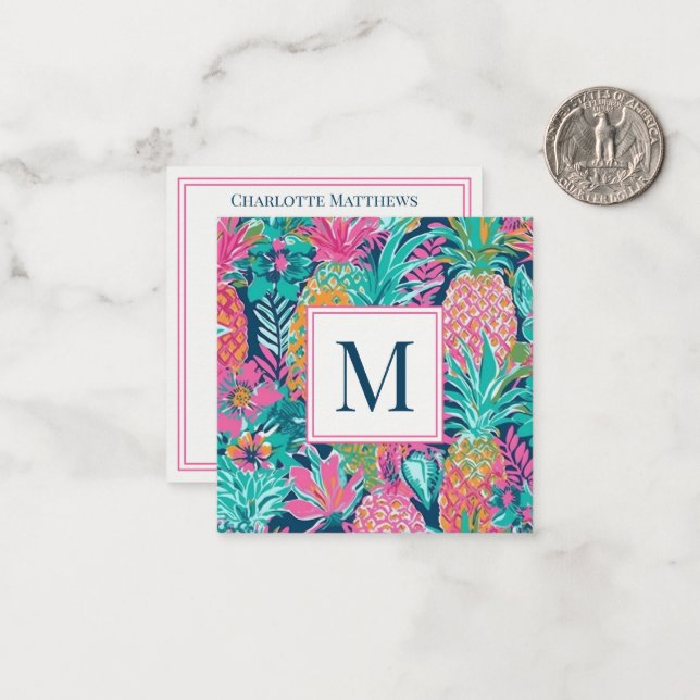 Preppy Pink Teal Navy Blue Pineapple Monogram Note Card (Front/Back In Situ)